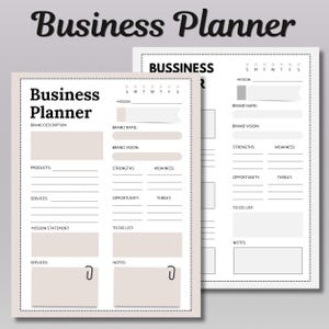 Könnte beinhalten: Zwei beige Businessplaner-Seiten mit gepunktetem Rand. Oben auf der Seite steht "Business Planner" in einer Schreibschrift. Die Seiten enthalten Abschnitte für Mission, Markenname, Markenvision, Stärken, Schwächen und To-Do-Listen.