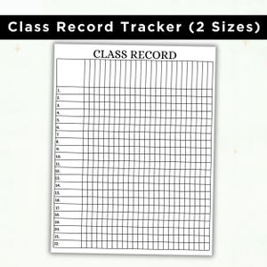 Könnte beinhalten: Ein weißes Klassenbuch-Tracker-Blatt mit schwarzen Gitterlinien und dem Text "CLASS RECORD" oben. Das Dokument enthält eine nummerierte Liste von 1 bis 22 auf der linken Seite, gefolgt von einer Reihe vertikaler Spalten zur Dateneingabe.