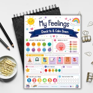 Könnte beinhalten: Ein My Feelings Check-In & Calm Down Diagramm mit bunten Illustrationen von Emotionen, einem Gehirndiagramm und Aktivitätssymbolen. Das Blatt enthält Abschnitte zur Bewertung von Gefühlen, zur Verfolgung der Wasseraufnahme und zum Notieren von Erinnerungen.