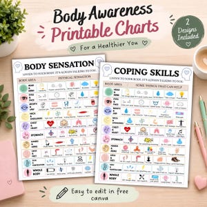 May include: Two printable charts titled Body Sensation and Coping Skills, featuring rows of body areas with corresponding icons and text descriptions. The charts include sections for head, eyes, mouth, neck, chest, stomach, hands, legs, skin, and whole body.