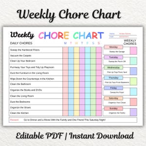 Könnte beinhalten: Eine farbenfrohe Wochen-Aufgaben-Tabelle mit dem Titel "Weekly Chore Chart" in einer verspielten Schriftart. Die Tabelle enthält tägliche Aufgaben, einen Wochenplan und einen Belohnungsbereich. Die Tabelle ist eine bearbeitbare PDF zum sofortigen Download.