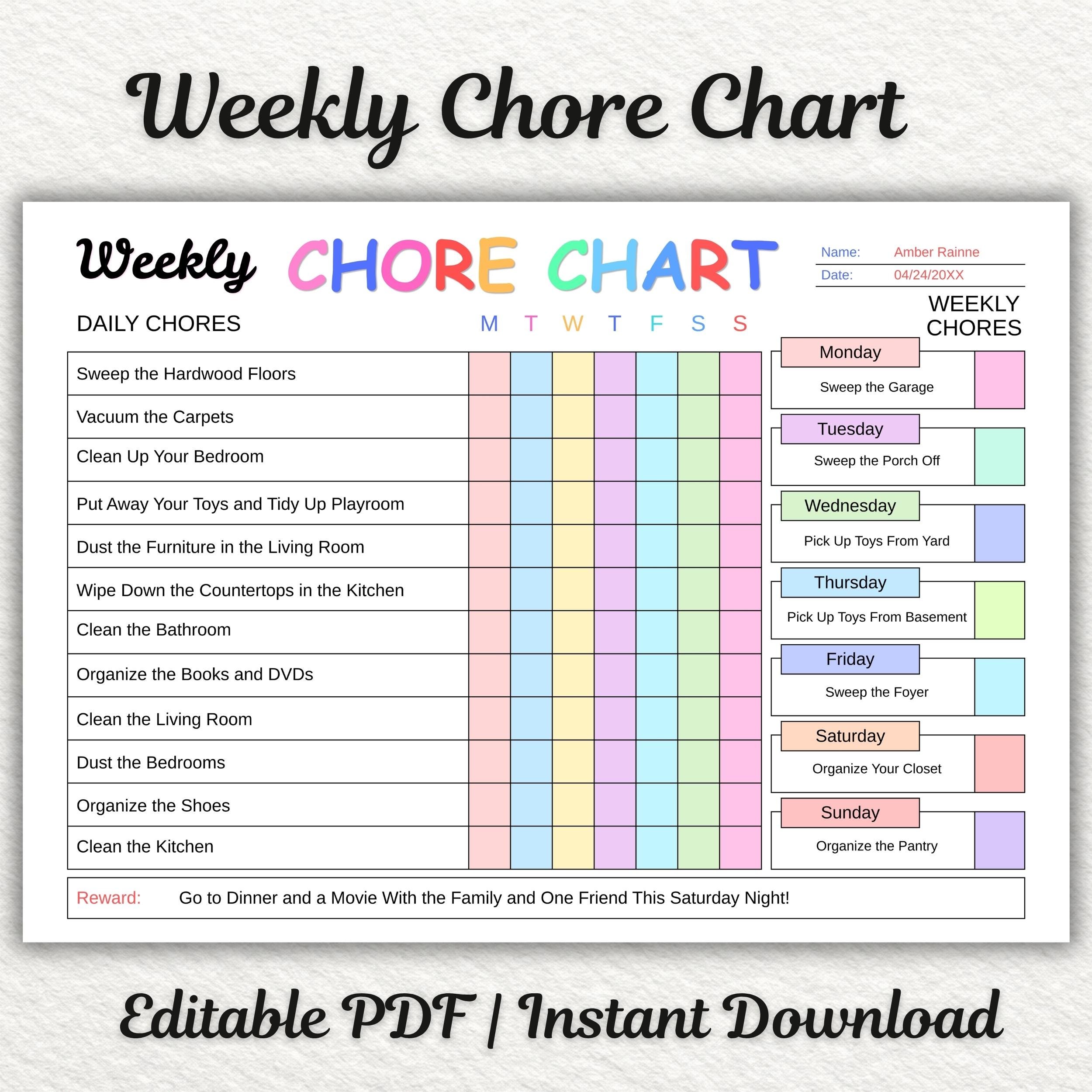 Editable Kids Chore Chart Printable, Daily Routine Planner for Teens ...