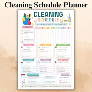 Könnte beinhalten: Ein Reinigungsplaner mit farbenfrohem Design. Der Planer enthält tägliche, wöchentliche und monatliche Reinigungsaufgaben. Der Text "Cleaning Schedule" steht oben, darunter der Satz "A Clean Home, A Happy Home".
