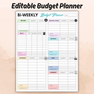 Pianificatore di budget bisettimanale modificabile, strumento di monitoraggio del budget in base allo stipendio, foglio di calcolo finanziario a base zero, download digitale stampabile.