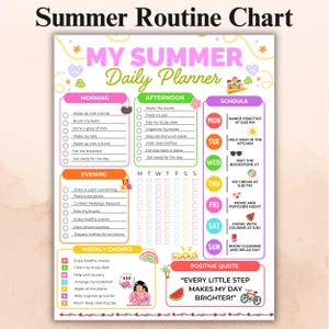 Könnte beinhalten: Eine farbenfrohe Sommer-Routine-Tabelle mit einem Tagesplaner-Layout. Die Tabelle enthält Abschnitte für Morgen-, Nachmittags- und Abendaktivitäten sowie eine wöchentliche Aufgabenliste und einen Zeitplan. Die Tabelle enthält ein positives Zitat und ein Sommerthema.