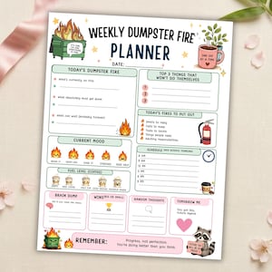 Könnte beinhalten: Ein Wochenplaner-Blatt mit dem Titel Weekly Dumpster Fire Planner mit Abschnitten für Aufgaben, Stimmung, Kaffee-Füllstand und Zeitplan. Es enthält Illustrationen eines brennenden Müllcontainers, einer Kaffeetasse und eines Waschbären.