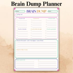 Könnte beinhalten: Ein Brain Dump Planer mit einem rosa, grünen und lila Rand. Der Planer enthält Abschnitte für Ziele, Anrufe, E-Mails und Recherchen. Der Titel "Brain Dump Planner" steht oben.