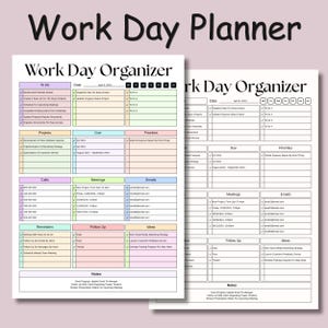 Könnte beinhalten: Zwei weiße Work Day Planner-Blätter mit Abschnitten für Aufgaben, Projekte und Meetings. Der Planer enthält Abschnitte für To-Do-Listen, Prioritäten, Anrufe, E-Mails und Notizen. Der Text "Work Day Planner" steht oben.