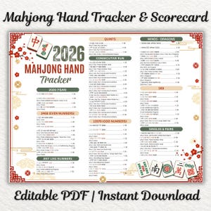 Könnte beinhalten: Ein 2026 Mahjong Hand Tracker und Punkteblatt auf einem rechteckigen Blatt. Das Dokument enthält Spalten für Quints, aufeinanderfolgende Läufe, ungerade und gerade Zahlen sowie Winde und Drachen, verziert mit roten Blumenmotiven und Mahjong-Steinen.
