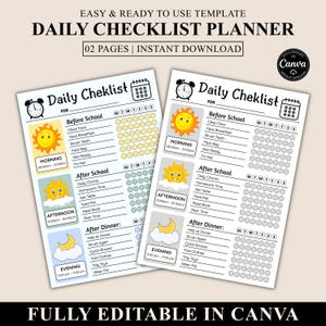 Könnte beinhalten: Zwei druckbare tägliche Checklisten-Planer mit einem Sonnen-, Mond- und Wolken-Thema. Die Checklisten sind in Morgen-, Nachmittags- und Abendabschnitte unterteilt, mit Aufgaben wie Zähneputzen und Hausaufgaben. Der Text lautet "Daily Checklist Planner" und "Fully Editable in Canva."