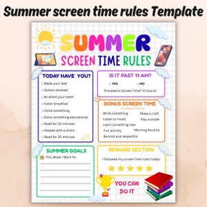 Könnte beinhalten: Eine druckbare Vorlage für Sommer-Bildschirmzeitregeln mit kariertem Hintergrund und bunten Überschriften. Die Abschnitte umfassen Today Have You, Is It Past 11 AM, Bonus Screen Time, Summer Goals und einen Belohnungsbereich mit fünf gelben Sternen.