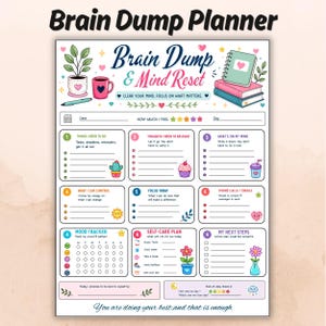 Könnte beinhalten: Eine Brain Dump & Mind Reset Planerseite mit Abschnitten für Aufgaben, Gedanken, Stimmungstracking und Selbstfürsorge. Das weiße Blatt enthält bunte Illustrationen von Pflanzen, Büchern und Symbolen sowie Textaufforderungen wie Things I Need To Do und Focus Today.