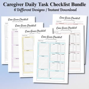 Könnte beinhalten: Ein Bundle mit sechs Designs für tägliche Checklisten für Pflegekräfte. Jede Checkliste enthält Abschnitte für persönliche Pflege, Ernährung, Medikamente und Aktivitäten. Der Titel "Care Giver Checklist" wird auf jedem Blatt angezeigt.