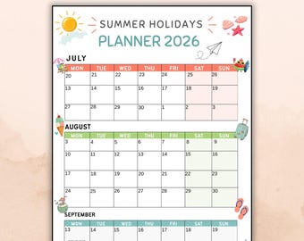 Summer Holidays Planner 2026 Printable, UK School Holiday Calendar, Kids Activity Schedule, Family Planner Instant Download