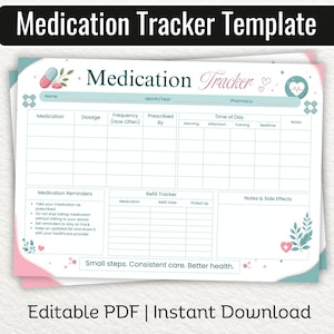 Puede incluir: Una plantilla imprimible de seguimiento de medicamentos con una tabla para medicamento, dosis, frecuencia y hora del día. Incluye secciones para recordatorios, seguimiento de resurtidos y notas. Diseño con acentos en verde azulado y rosa.