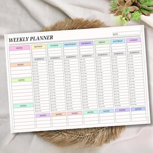 Könnte beinhalten: Ein weißer Wochenplaner mit Rasterlayout zur Terminplanung. Der Planer hat Abschnitte für jeden Wochentag mit Zeitfenstern von 5:00 bis 22:00 Uhr. Er enthält Bereiche für Notizen und Zeitplandetails.