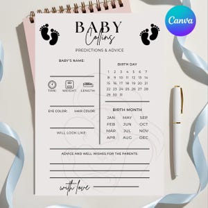 Könnte beinhalten: Eine Baby-Vorhersage- und Ratgeberkarte mit dem Text "BABY Coffing" und "Vorhersagen & Ratschläge". Die Karte enthält Abschnitte für den Namen des Babys, den Geburtstag, die Augenfarbe, die Haarfarbe und Ratschläge. Ein weißer Stift und ein blaues Band sind ebenfalls sichtbar.