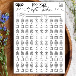 Könnte beinhalten: Ein weißes Papierblatt mit einem 100 Days Weight Tracker, bedruckt mit schwarzem Text und Grafiken. Es enthält ein Hantelsymbol, ein Kalendersymbol und 100 nummerierte Kästchen, die jeweils ein kleines Waagensymbol zur Fortschrittskontrolle zeigen.