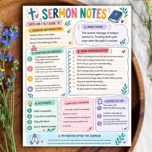 Sermon Notes Worksheet Printable, Bible Study Notes Template, Christian Sermon Journal, Scripture References and Prayer Notes