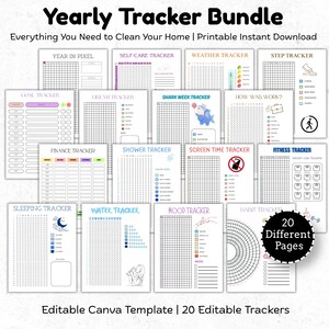 Pixel Tracker-paket, 20 årliga spårningssidor med år i pixlar, vanor, humör, välbefinnande, läsning, fitness, mål och självvård