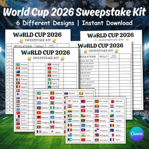 Könnte beinhalten: Ein World Cup 2026 Gewinnspiel-Set mit sechs verschiedenen druckbaren Blättern, die Tabellen, Ländernamen und Nationalflaggen enthalten. Die Dokumente bieten Spalten für Regeln, Ergebnisse und Jackpot-Prozentsätze vor einem Stadionhintergrund.