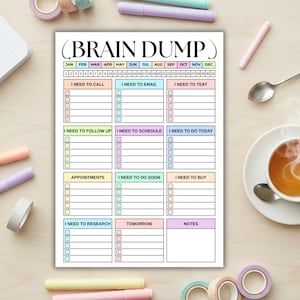 Könnte beinhalten: Ein farbenfroher Brain Dump-Planer mit Abschnitten für Anrufe, E-Mails, Texte und mehr. Der Planer enthält einen Kalender und Bereiche für Termine, Recherchen und Notizen. Pastellfarbene Akzente und eine Tasse Tee sind sichtbar.