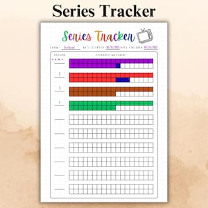 Könnte beinhalten: Eine "Series Tracker"-Journalseite mit dem Titel "Series Tracker". Die Seite enthält Abschnitte für den Namen der Serie, Start- und Enddaten sowie ein Raster zur Verfolgung der angesehenen Episoden. Farbige Balken zeigen den Fortschritt an.