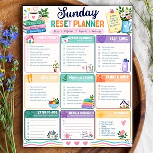 Op de afbeelding: Een Sunday Reset Planner met kleurrijke secties voor huis, weekplanning, zelfzorg, maaltijden, persoonlijke groei, familie en herinneringen, versierd met illustraties van planten, boeken en kleine hartjes.