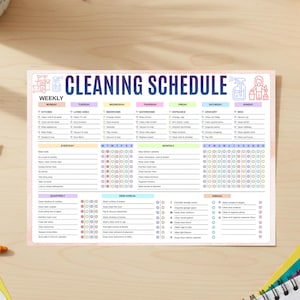 Könnte beinhalten: Ein farbenfroher Reinigungsplan mit der Aufschrift "CLEANING SCHEDULE" oben. Der Plan ist in wöchentliche, tägliche, vierteljährliche, halbjährliche, monatliche und jährliche Abschnitte unterteilt, mit Kontrollkästchen für jede Aufgabe.