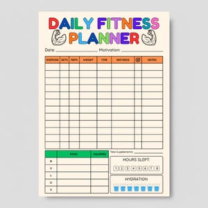 May include: A Daily Fitness Planner with colorful text and a cream background. The planner includes sections for exercise, sets, reps, weight, time, distance, and notes. It also has sections for food, calories, hours slept, and hydration tracking.