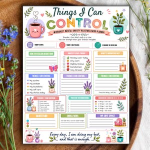 Könnte beinhalten: Ein Arbeitsblatt zur psychischen Gesundheit mit dem Titel Things I Can Control, das bunte Illustrationen einer Kaffeetasse, Topfpflanzen, eines Schmetterlings und einer Kerze zeigt. Die Seite enthält Abschnitte für Gefühle, Ängste und Übungen.