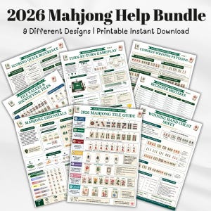 2026 Mahjong Cheat Sheet Printable, Beginner Tile Guide, Winning Hands, Riichi Scoring Reference and Strategy Game Aid Set