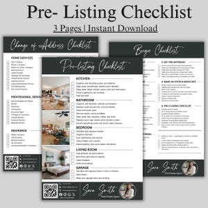 Könnte beinhalten: Ein dreiseitiger Immobilien-Checkliste vor der Auflistung, einschließlich einer Checkliste zur Adressänderung und einer Käufer-Checkliste. Die Checklisten sind schwarz-weiß mit Text und Bildern. Der Text enthält "Pre-Listing Checklist" und "Instant Download."
