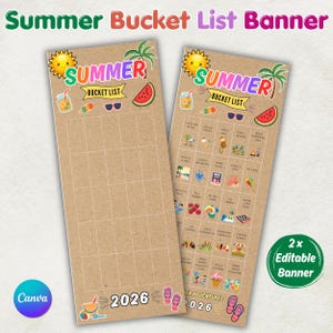 Könnte beinhalten: Zwei vertikale Summer Bucket List Banner auf Kraftpapier-Hintergrund. Jedes zeigt eine Sonne, eine Palme, eine Wassermelone und Sommer-Symbole. Ein Banner ist leer mit einem Raster, das andere enthält Aktivitäten und das Jahr 2026.