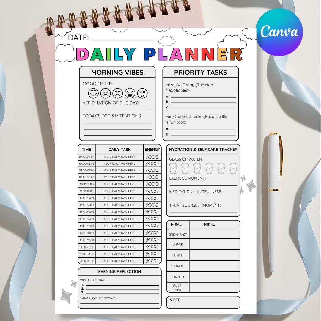 Editable Work Day Planner Canva Template, ADHD Daily Productivity ...