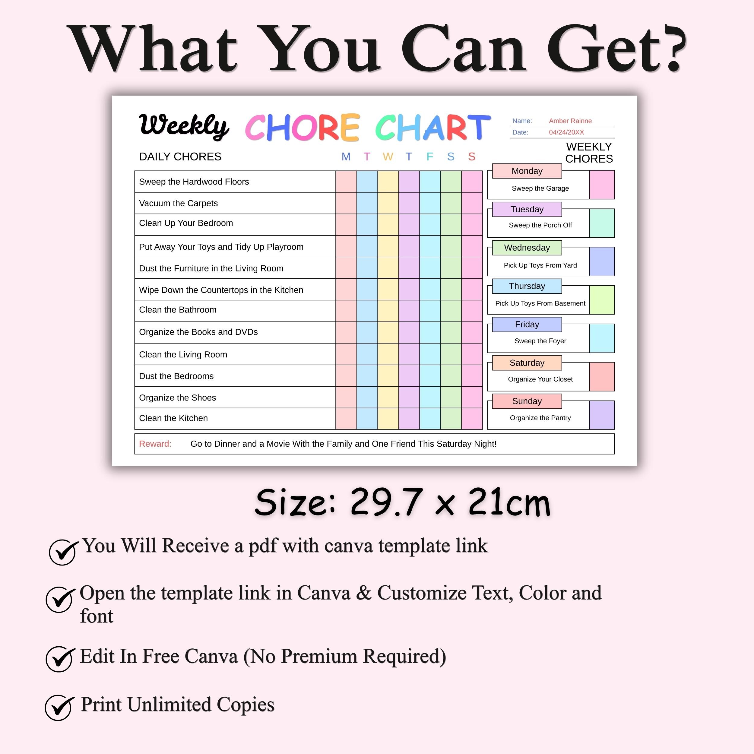 Editable Kids Chore Chart Printable, Daily Routine Planner for Teens ...