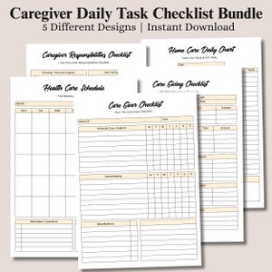 Könnte beinhalten: Ein Bündel druckbarer Checklisten für Pflegekräfte mit fünf verschiedenen Designs. Die Checklisten umfassen Abschnitte für die Aufgaben der Pflegekraft, Gesundheitspläne und tägliche Diagramme. Der Text oben lautet "Caregiver Daily Task Checklist Bundle".