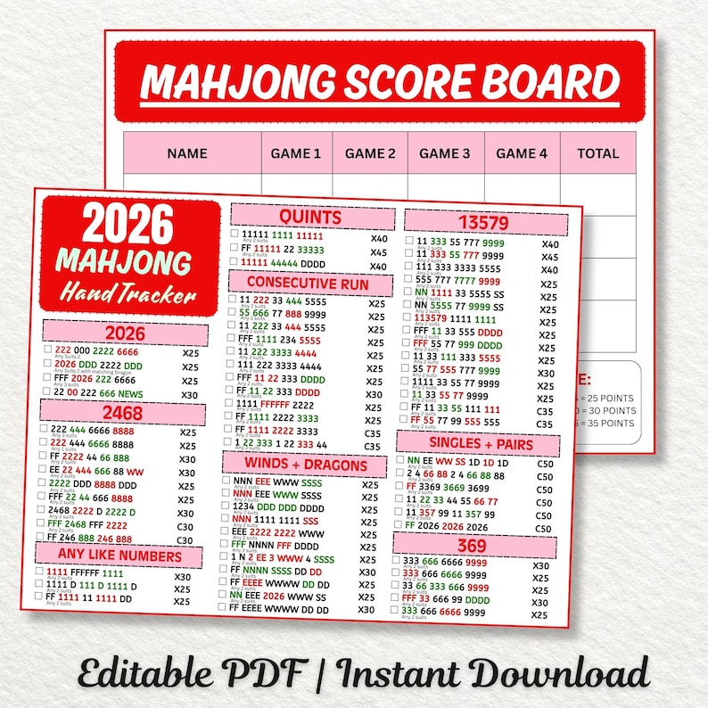 Printable Mahjong score tracker for beginners and casual players