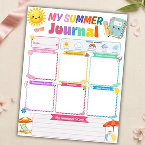 Könnte beinhalten: Eine druckbare My Summer Journal-Seite mit einem bunten Titel, einer lächelnden Sonne, einem Bleistift und einem Notizbuch. Das Layout enthält Abschnitte für Datum, Wetter, Stimmung, Favoriten, Abenteuer, Beobachtungen, Gelerntes und Erinnerungen.