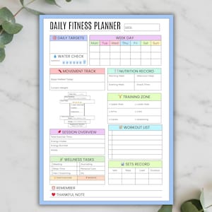 Könnte beinhalten: Ein täglicher Fitnessplaner mit blauem Rand. Der Planer enthält Abschnitte für Tagesziele, Wasseraufnahme, Bewegungstracking, Ernährungsaufzeichnungen, Trainingszonen, Sitzungsübersicht, Wellness-Aufgaben, Workout-Liste und Satzaufzeichnung. Der Planer soll helfen, Fitnessziele zu verfolgen.
