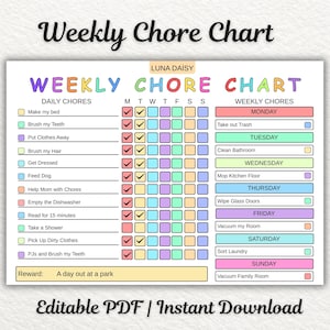 Può includere: Un colorato schema delle faccende settimanali con compiti giornalieri e settimanali. Lo schema include spazi per spuntare i compiti completati e una sezione premi. Il testo in basso recita "PDF modificabile | Download istantaneo".