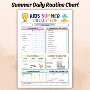 Könnte beinhalten: Ein Kids Summer Checklist 2026 Planer mit Bereichen für tägliche Gewohnheiten, Wochenziele, Bildschirmzeit, Aufgaben und Dankbarkeit. Das Design enthält eine Sonnenfigur, Palmen und Eiscreme-Grafiken mit farbenfrohem Text.