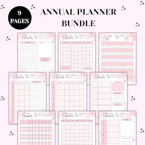 Könnte beinhalten: Ein Jahresplaner-Bundle mit neun Seiten in Rosa und Weiß. Die Seiten enthalten Abschnitte für Budgetierung, Essensplanung, Trainingsverfolgung und tägliche To-Do-Listen. Der Text "Annual Planner Bundle" befindet sich oben.