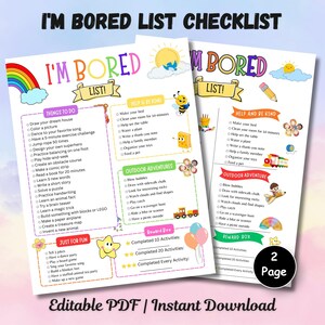 Könnte beinhalten: Zwei druckbare I'M BORED LIST CHECKLIST-Seiten mit bunten Grafiken von einem Regenbogen, einer Sonne, einer Biene und Luftballons. Die Listen enthalten Abschnitte für Aktivitäten, Hilfe, Outdoor-Abenteuer und Spaß mit Kontrollkästchen.