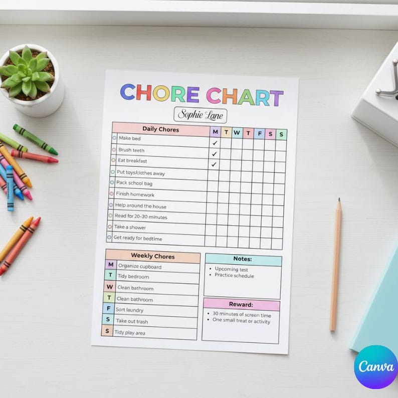 Editable Chore Chart Canva Template, Kids Daily & Weekly Chores Chart ...