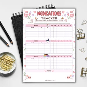 Könnte beinhalten: Ein weißes Medikamenten-Tracker-Blatt aus Papier mit rosa Kopfzeilen für Morgen-, Abend- und Schlafenszeitpläne. Das Design enthält Illustrationen von Pillendosen, Kapseln und Blumen sowie den Text Medications Tracker und Small Steps Today. Better Tomorrows Always.