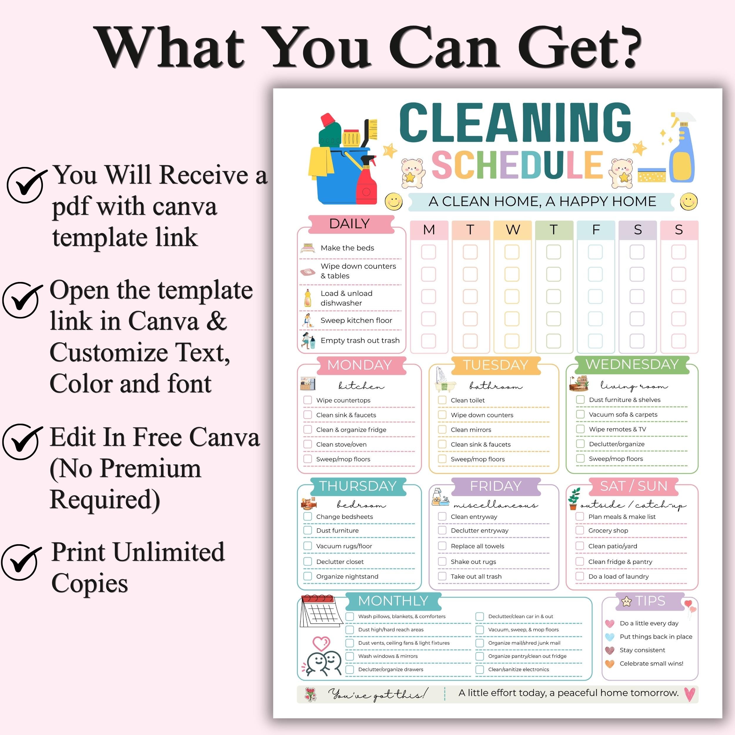 Editable Cleaning Schedule Printable Canva Template, ADHD Cleaning ...