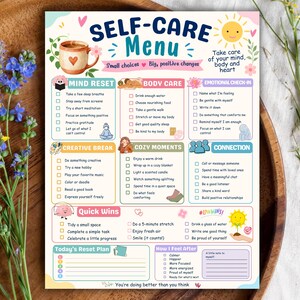 May include: A self-care menu checklist featuring sections for mind reset, body care, emotional check-in, creative break, cozy moments, and connection. The document includes illustrations of a coffee mug, sun, and brain, with text prompts for daily wellness activities and a reset plan.