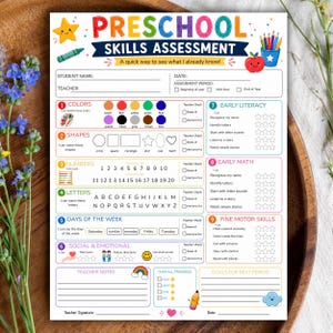 Könnte beinhalten: Ein farbenfrohes Arbeitsblatt zur Beurteilung von Vorschulfähigkeiten mit Abschnitten für Farben, Formen, Zahlen, Buchstaben, Wochentage, soziale Kompetenzen, frühe Lese- und Schreibfähigkeit, frühe Mathematik und Feinmotorik.