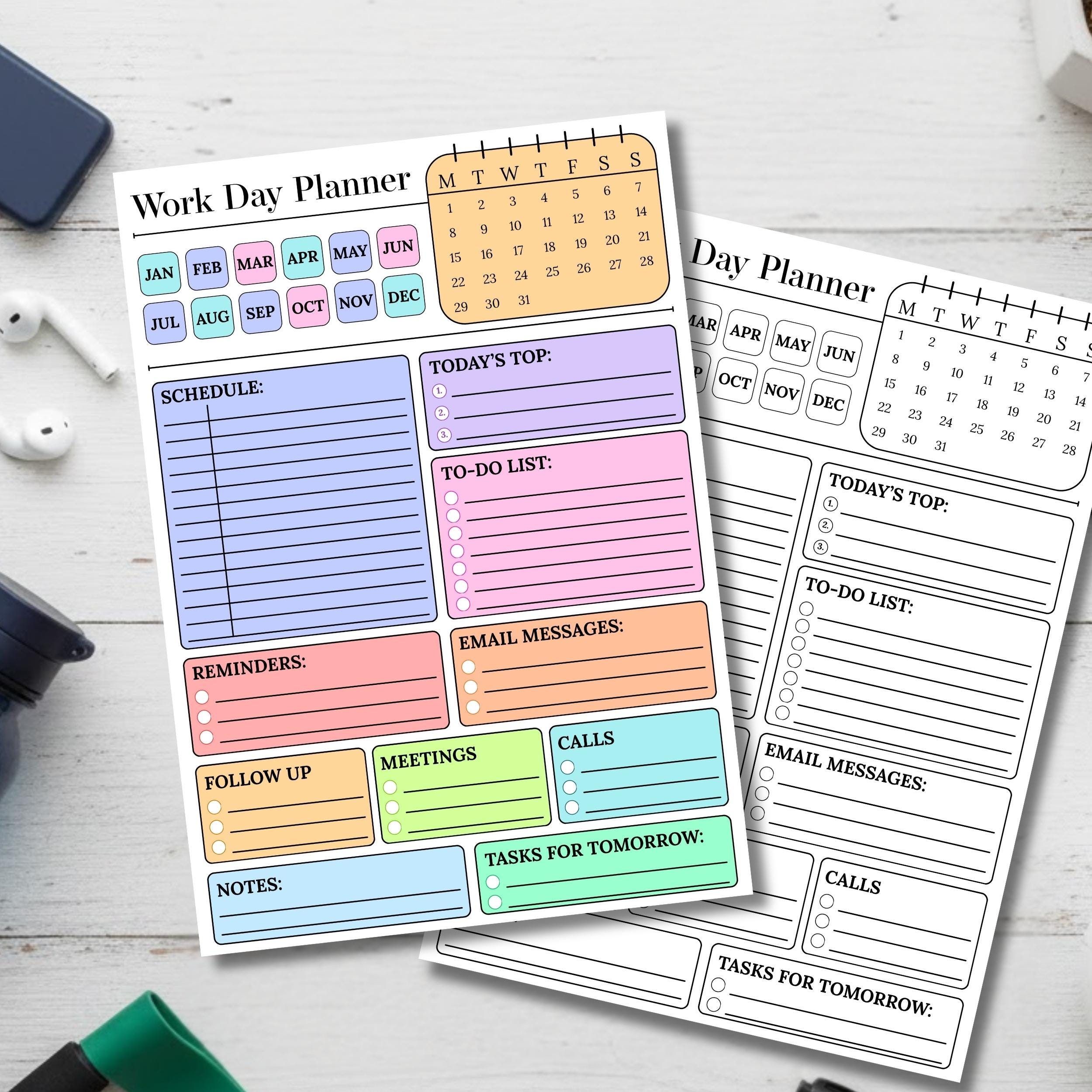 Editable Work Planner Printable, Daily Work Day Schedule Template ...